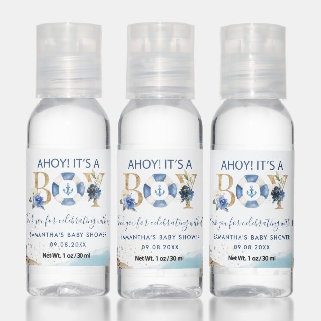 Nautical Ahoy It's a Boy Blue and Gold Baby Shower Hand Sanitizer