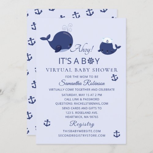 Nautical Ahoy Its A Boy Blue Virtual Baby Shower Invitation