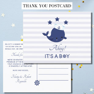 Nautical A'hoy It's A Boy Blue Whale Thank You Postcard