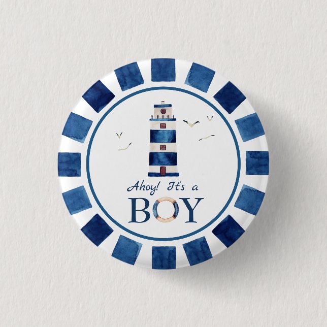 Nautical Ahoy! It's a Boy Lighthouse Baby Shower   Button (Front)