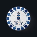 Nautical Ahoy! It's a Boy Lighthouse Baby Shower   Button<br><div class="desc">Watercolor navy blue lighthouse nautical themed baby shower button. Customizable</div>