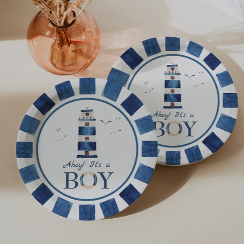 Nautical Ahoy Its a Boy Lighthouse Baby Shower  Paper Plates