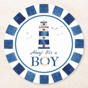 Nautical Ahoy! It's a Boy Lighthouse Baby Shower Round Paper Coaster