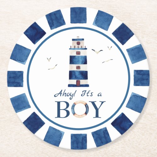 Nautical Ahoy Its a Boy Lighthouse Baby Shower Round Paper Coaster