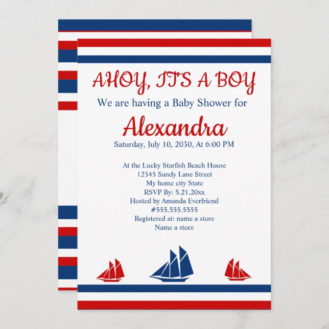 Nautical Ahoy It's A Boy Red Navy Baby Shower Announcement (Front/Back)