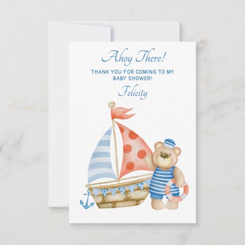 Nautical Ahoy Its A Boy Sailor Bear Baby Shower Thank You Card