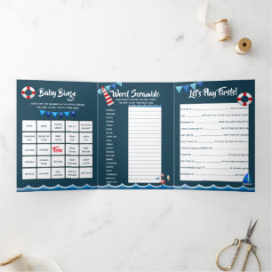 Nautical ahoy lighthouse ship sea boys first party Tri-Fold invitation