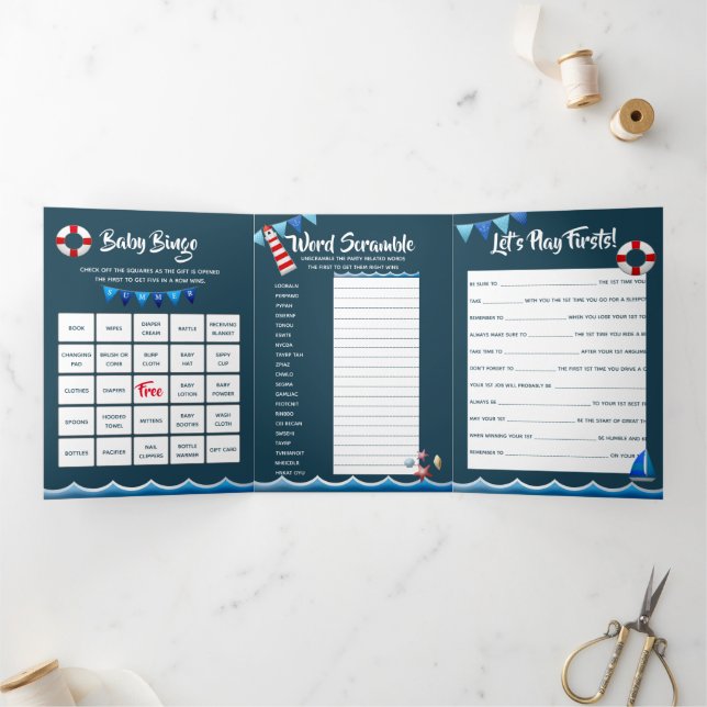 Nautical ahoy lighthouse ship sea boys first party Tri-Fold invitation (Inside)