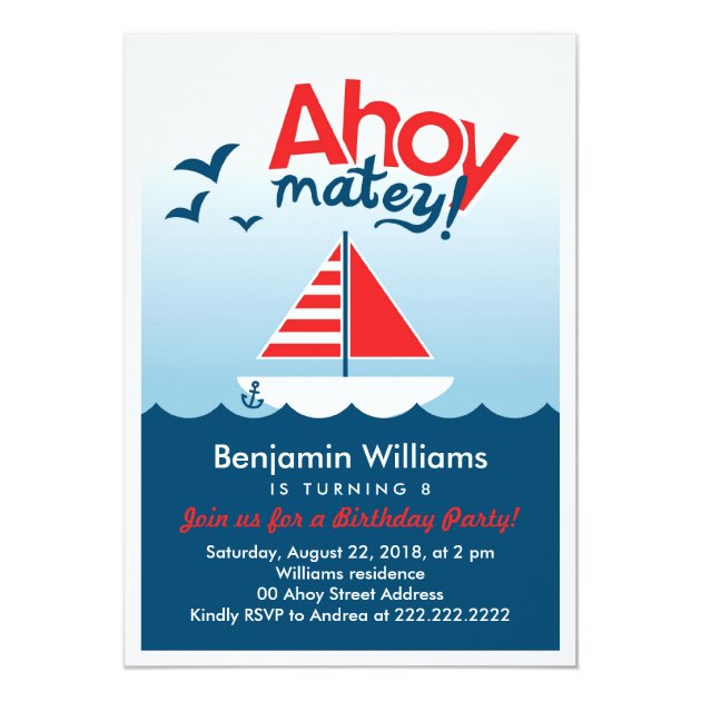 Ahoy Sailboat Nautical Birthday Invitation