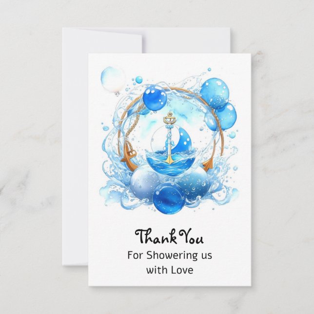 Nautical Ahoy: Nautical Theme Boy Baby Shower Thank You Card (Front)