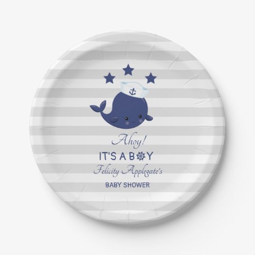 Nautical Ahoy Navy Whale Boy Baby Shower Paper Plates