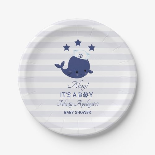 Nautical Ahoy Navy Whale Boy Baby Shower Paper Plates