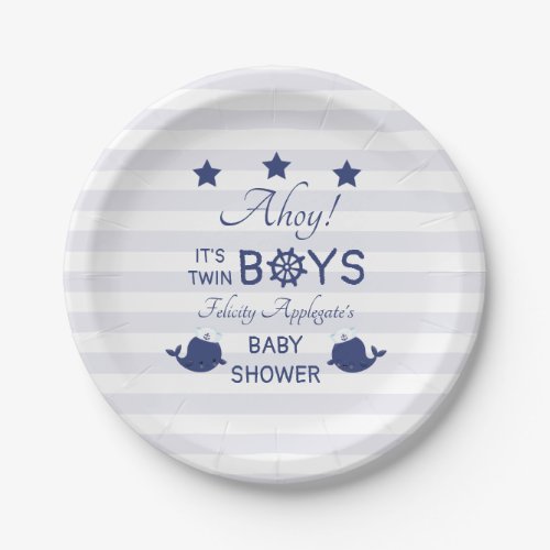Nautical Ahoy Navy Whale Twin Boy Baby Shower Paper Plates