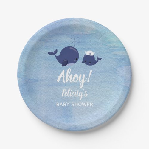 Nautical Ahoy Navy Whales Blue Boy Baby Shower Paper Plates