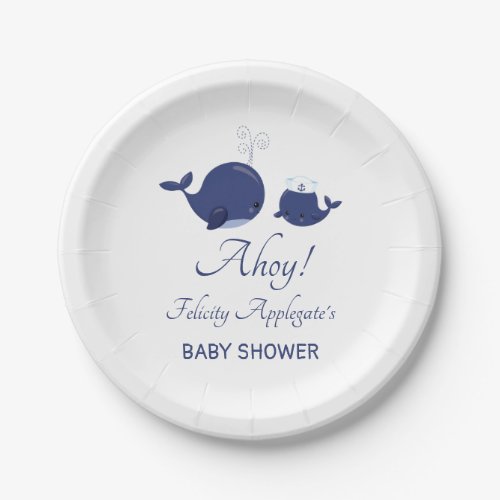 Nautical Ahoy Navy Whales Simple Boy Baby Shower Paper Plates