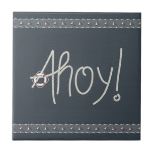 Nautical Ahoy Rope Text & Sailboats Tile