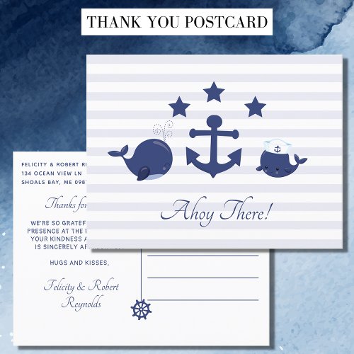 Nautical Ahoy There Boy Whale Thank You Postcard
