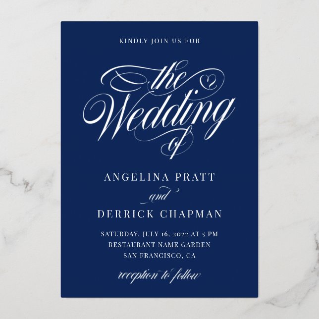 Nautical All in One  Wedding Calligraphy Silver  Foil Invitation (Front)