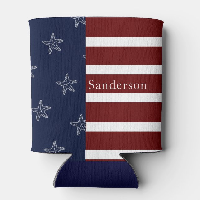 Nautical American Flag Red White Blue Starfish:  Can Cooler (Back)