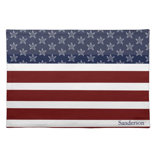 Nautical American Flag Red White Blue Starfish  Cloth Placemat (Front)