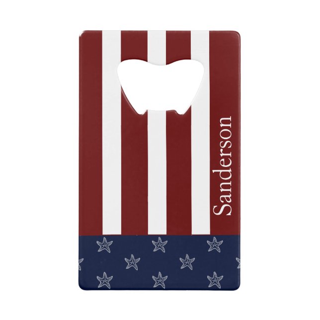 Nautical American Flag Red White Blue Starfish  Credit Card Bottle Opener (Front)