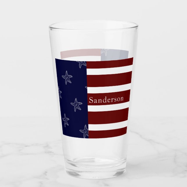 Nautical American Flag Red White Blue Starfish:   Glass (Front)