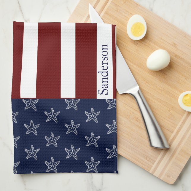 Nautical American Flag Red White Blue Starfish  Kitchen Towel (Quarter Fold)