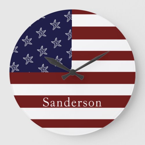 Nautical American Flag Red White Blue Starfish   Large Clock