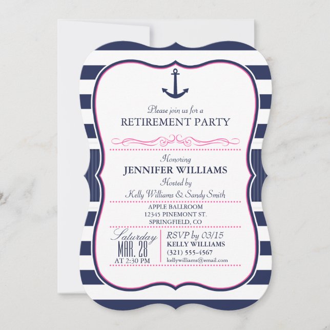 Nautical Ancho;l Navy & Pink Retirement Party Invitation (Front)