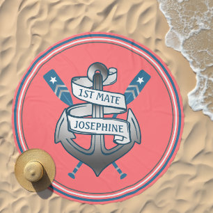 Nautical Anchor 1st Mate Name Coral Teal Custom Beach Towel
