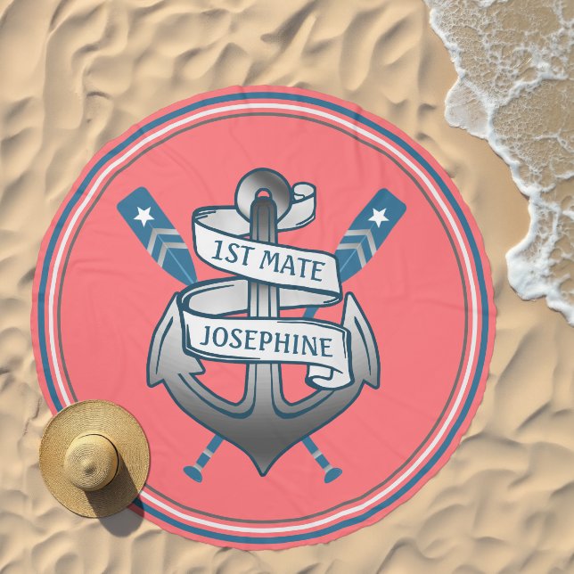 Nautical Anchor 1st Mate Name Coral Teal Custom Beach Towel (Beach)