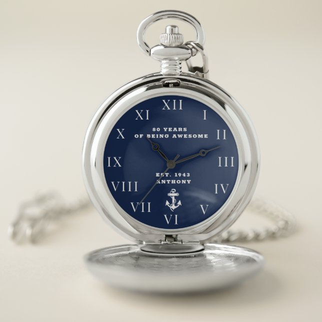 Nautical Anchor 80th Birthday Luxury Vintage Navy  Pocket Watch (Inside)