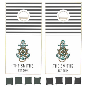 Nautical Anchor Add Family Name and Year Cornhole Set