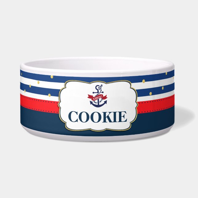 Nautical Anchor Ahoy Navy Blue Red Dog Cat Pet Bowl (Front)