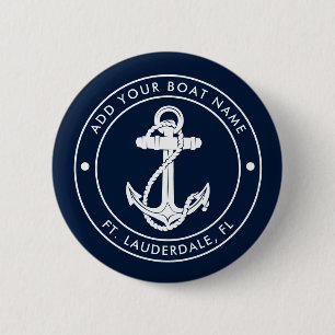 Nautical Anchor and Boat Name Navy Blue Custom Button