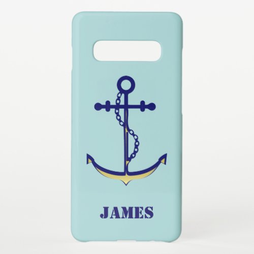 Nautical Anchor and Chain Navy and Gold with Name Samsung Galaxy S10 Case