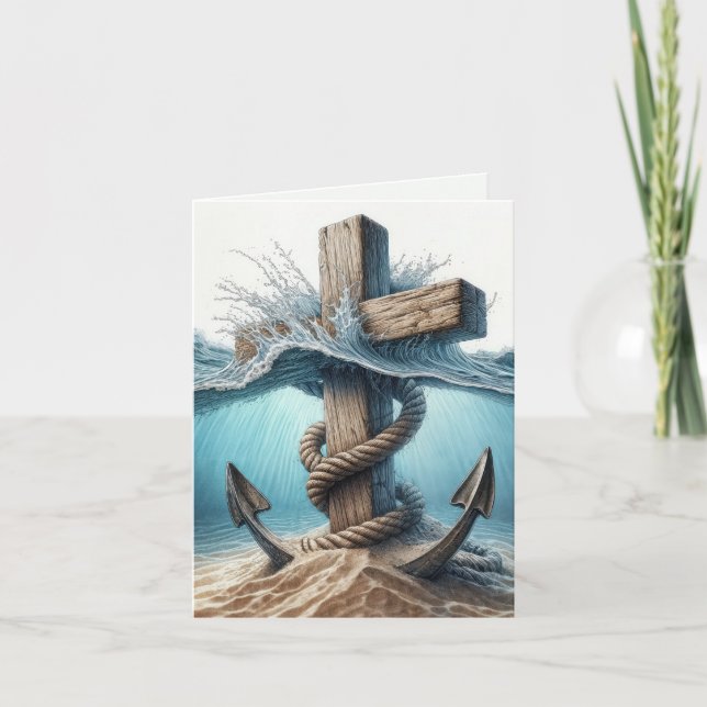 Nautical Anchor and Cross In Ocean Water Card (Front)