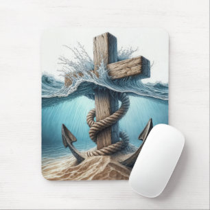 Nautical Anchor and Cross In Ocean Water Mouse Pad