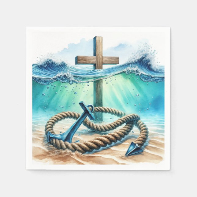 Nautical Anchor and Cross In Ocean Water Napkins (Front)