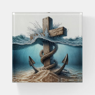 Nautical Anchor and Cross In Ocean Water Paperweight