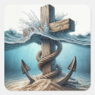 Nautical Anchor and Cross In Ocean Water Square Sticker