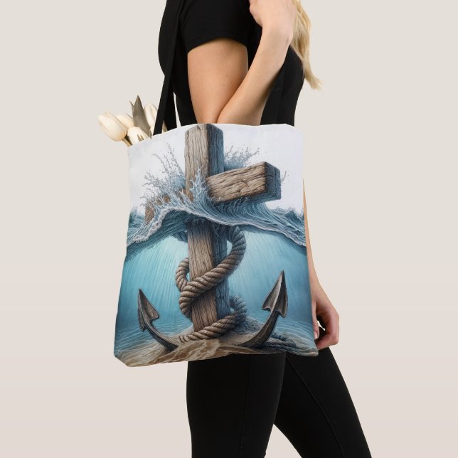 Nautical Anchor and Cross In Ocean Water Tote Bag (Close Up)