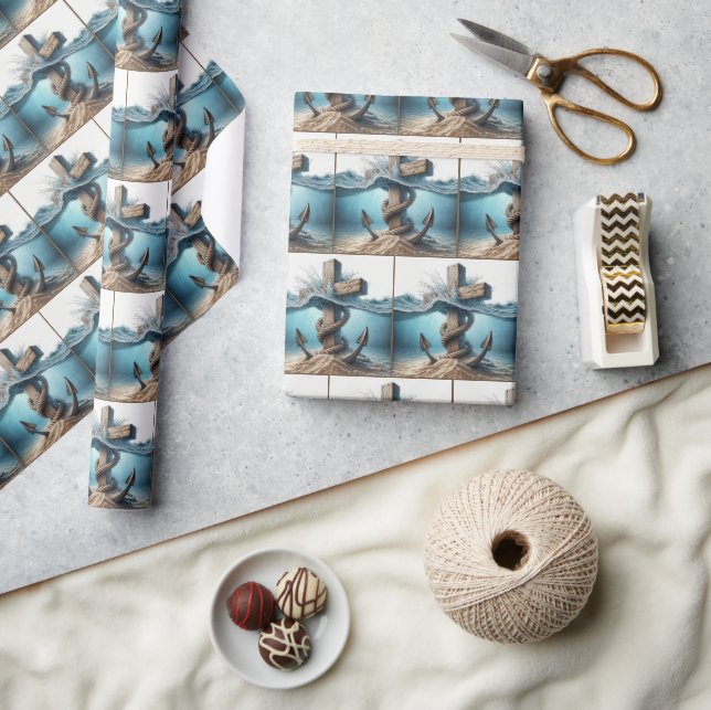 Nautical Anchor and Cross In Ocean Water Wrapping Paper (Crafts)