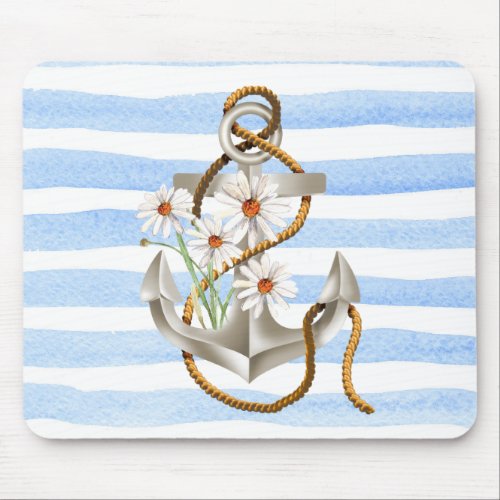 Nautical Anchor and Daisies Mouse Pad