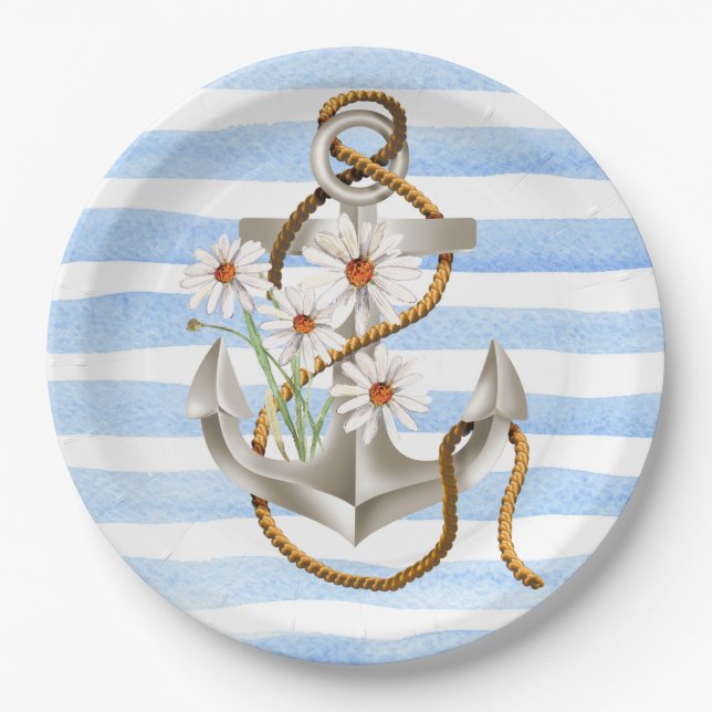 Nautical Anchor and Daisies Paper Plates (Front)