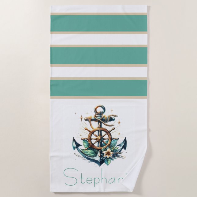 Nautical Anchor and Flowers Beach Towel (Front)