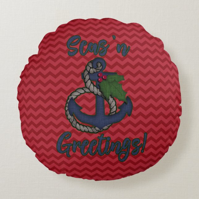 Nautical Anchor and Holly | Christmas Round Pillow (Front)