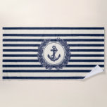 Nautical Anchor and Laurel Wreath on Navy Stripes Beach Towel