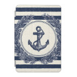 Nautical Anchor and Laurel Wreath on Navy Stripes iPad Mini Cover
