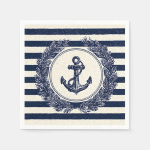 Nautical Anchor and Laurel Wreath on Navy Stripes Napkins